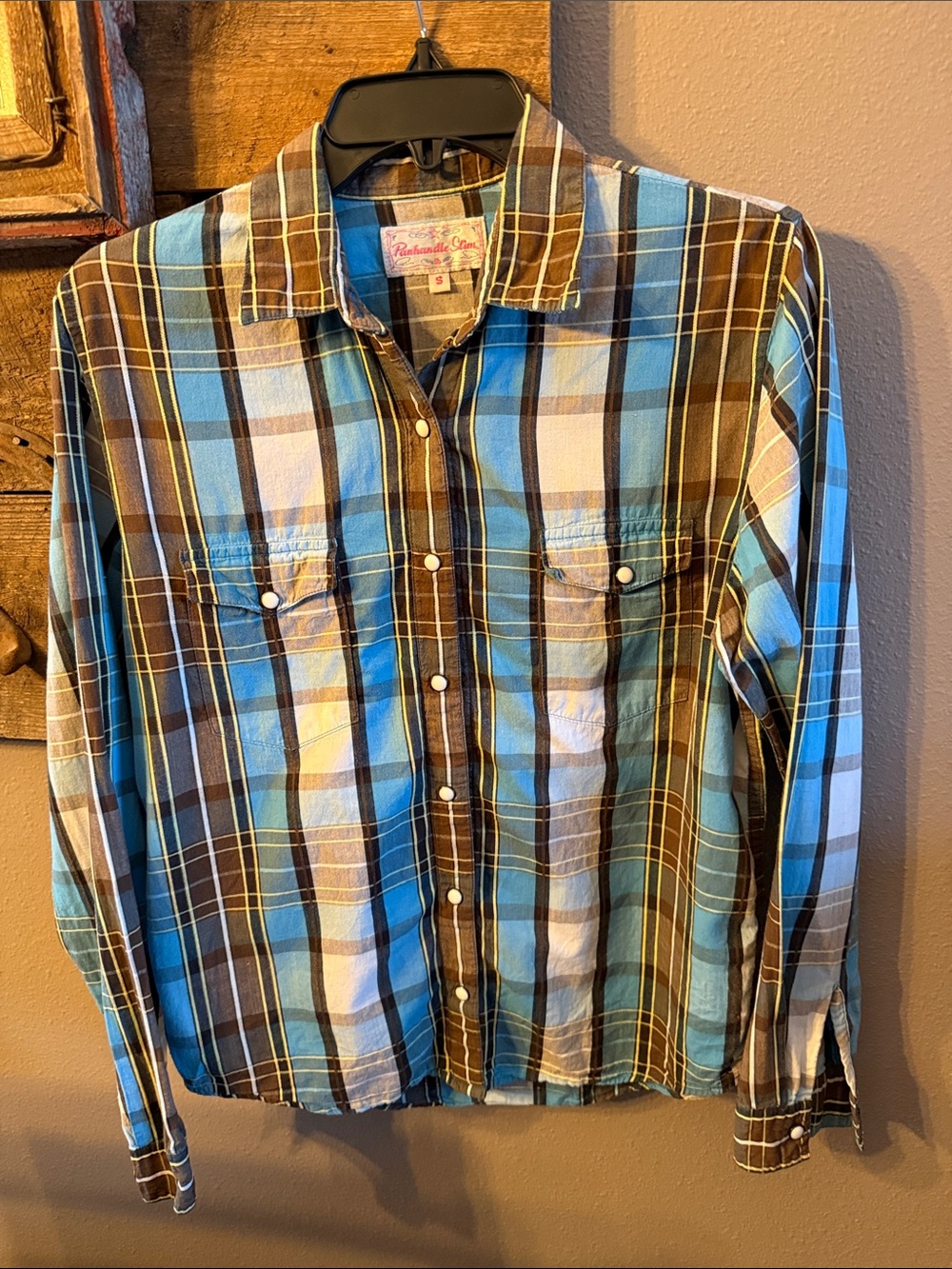 Panhandle Slim Women’s Blue and Brown Plaid Button-Down Shirt